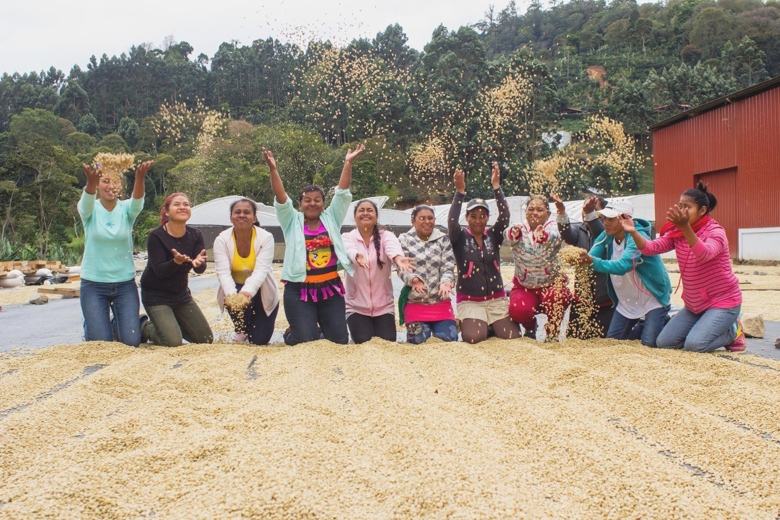 Women of the Manos de Mujer lot tossing drying coffee on the patio at Sabio Coffee, Nicaragua.