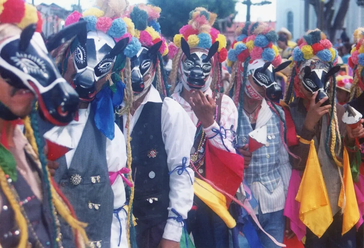 Dancers in Güegüense masks and costumes during a street procession, Nicaragua.